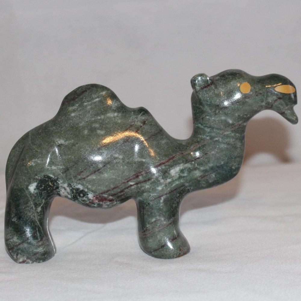 Natural Dark Green Stone Carved Camel Figurine